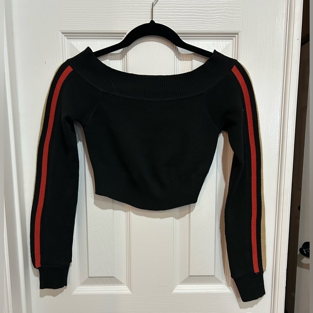 Everybody Talks Dark Blue Off-the-Shoulder Black Sweater with Red Stripes